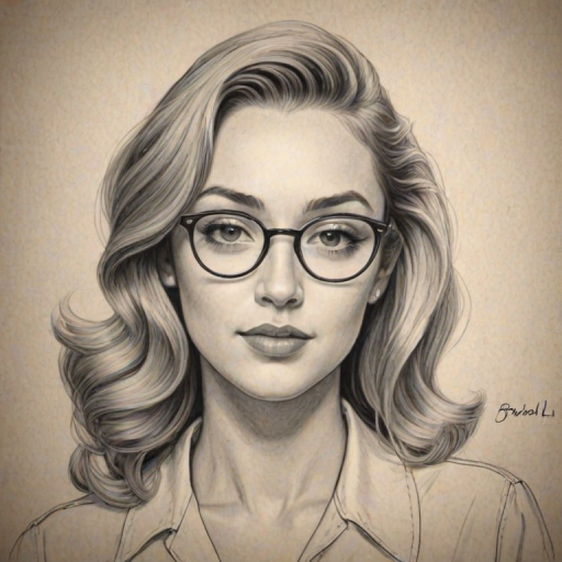 Resplendent Brandi Cyrus, pencil sketch, portrait of Gorgeous woman 1946s in glasses, hair style beatnik, outline, clear lines, fine lines, 8k