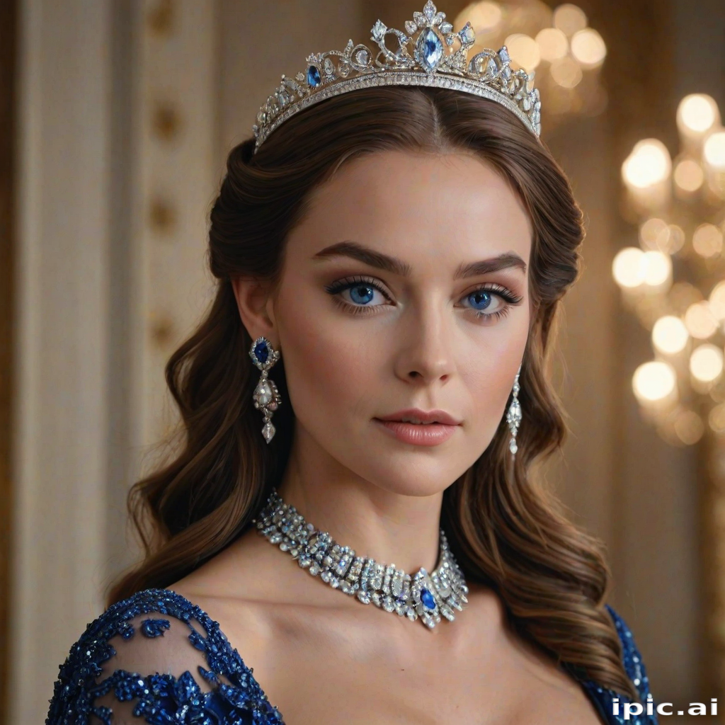 A gorgeous woman in a luxurious blue gown, accessorized with a dazzling tiara and statement earrings, her deep blue eyes highlighted by impeccable makeup, poised in a royal setting, photorealistic, 8K quality