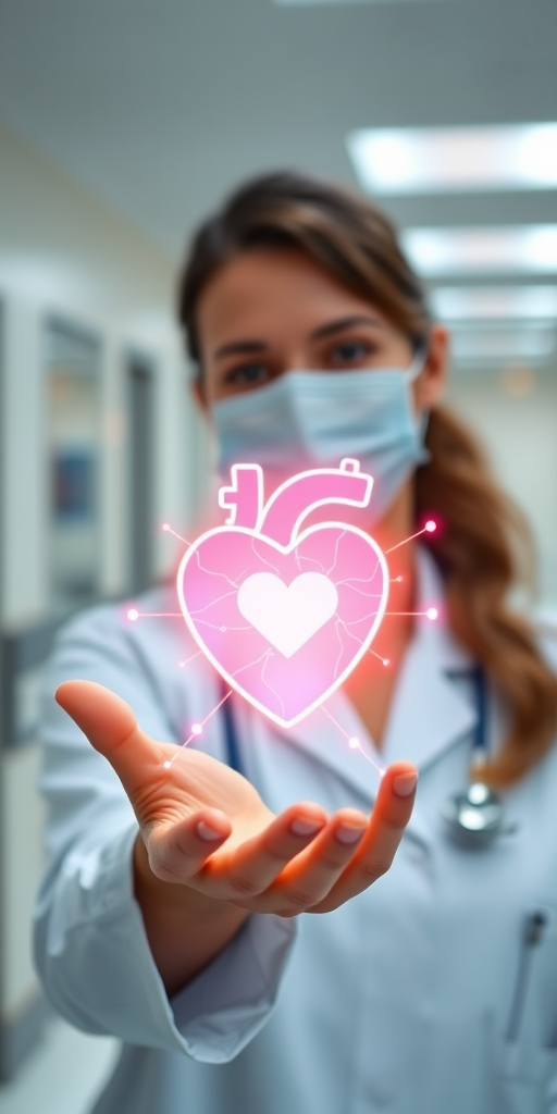 A healthcare professional in a white coat holding a glowing, digital heart symbol with connections and circuits in a softly blurred hospital background, shot with a 50mm lens at f/1.8, ISO 200, shutter speed 1/200s, using a DSLR camera with a shallow depth of field and high dynamic range lighting.