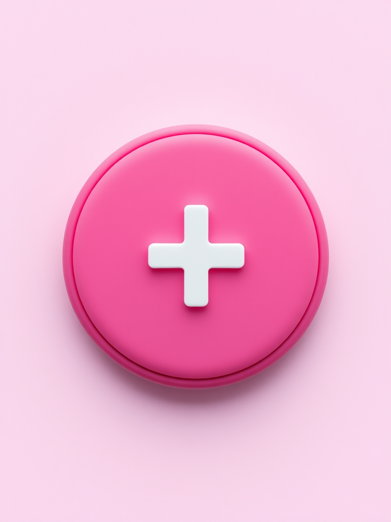 Create a high-resolution image of a circular pink button featuring a white plus symbol in the center, captured with a DSLR camera at f/4, ISO 100, 50mm lens, using a top-down view and soft diffused lighting for enhanced clarity and color vibrancy.