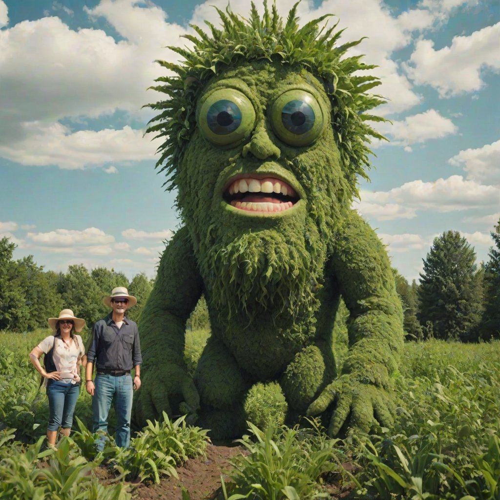 professional high-resolution photograph of 1giant green Cyclops with 2 eyes person made of plants,1woman, smile, 1man, hat, outdoors, multiple men, sky, day, 2men, grin, colored skin, traditional media, parody, ground vehicle, motor vehicle, car, green skin, truck, humongous giant green man standing in background, humongous green plant Cyclops person with 2 eyes