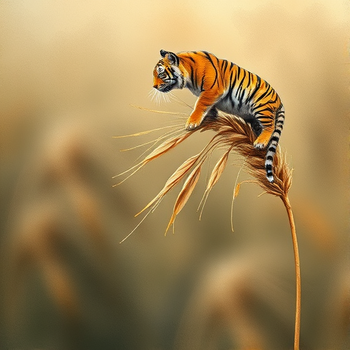 Soft, muted Alcohol Ink with ebru effect background image of tiny whimsical tiger, who climbed high on the top of a golden rye ear.