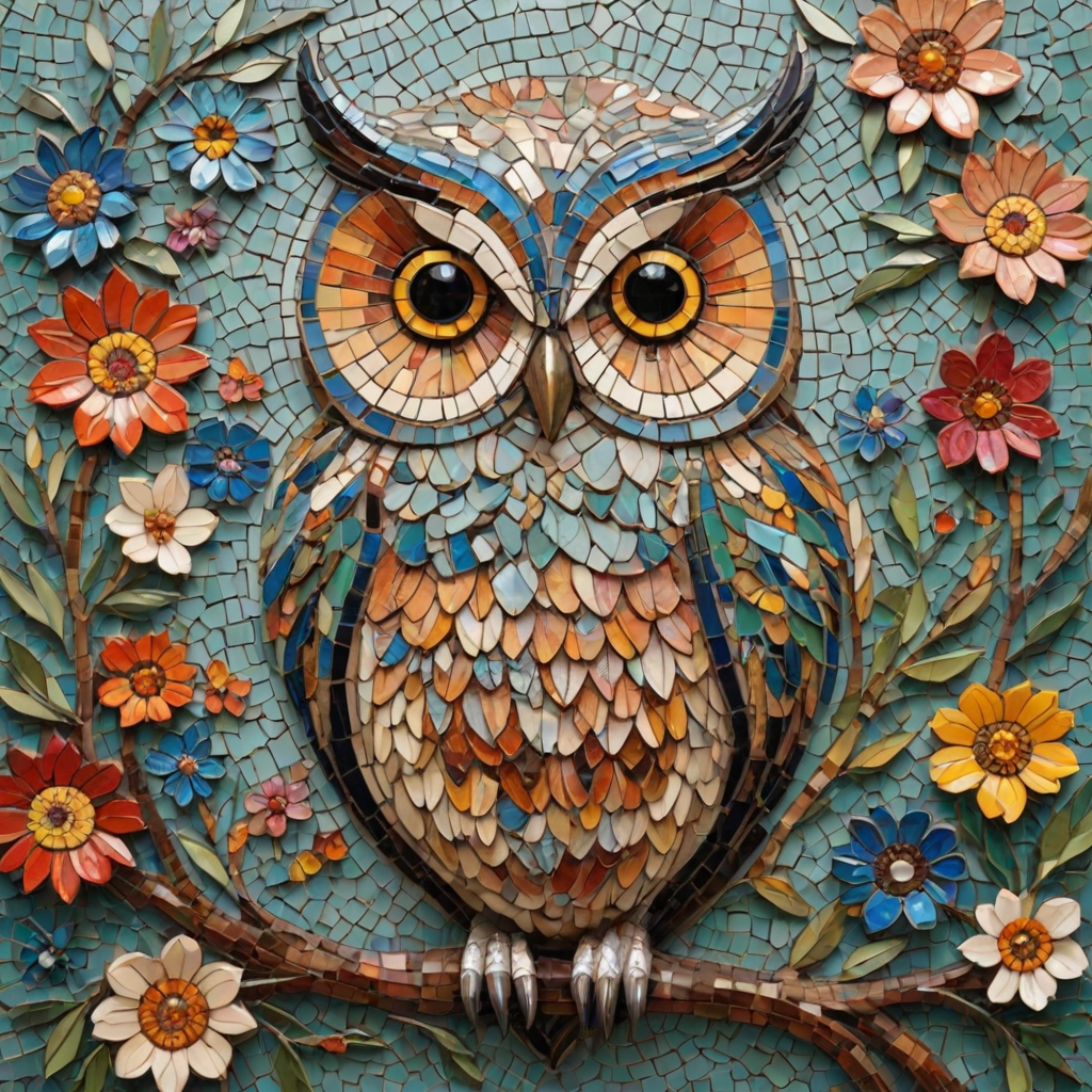 A mosaic of floral owls, one owl intricately composed of individual flower blossoms. The design showcases a delicate balance of nature and form, where the feathers of the owls are replaced by vibrant petals and blooms. The overall appearance is whimsical yet detailed, with each floral element contributing to the intricate patterns of the owl’s body. The artwork embraces a raw, organic style, with natural hues and soft textures, creating a harmonious blend of flora and fauna. The mosaic arrangement adds depth and visual intrigue to the piece, evoking a sense of wonder and artistic beauty.