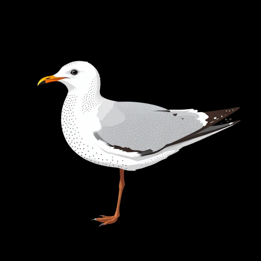 Create an illustration of a seagull with a textured dotted pattern on its wings and body, against a solid black background, captured in sharp focus using a high-resolution DSLR camera with a 50mm lens at f/2.8, ISO 100, and a 1/200s shutter speed, framing the bird in a side view to emphasize its details.
