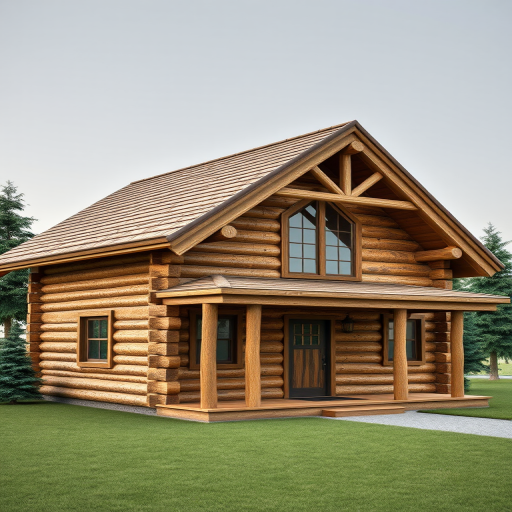 Create a highly detailed 3D rendering of a rustic log cabin with a textured wooden exterior, featuring a sloped roof, large windows, and a realistic door, captured with a DSLR camera at f/8, ISO 100, 24mm focal length, in HDR style with a slightly elevated angle for depth and enhanced light quality.