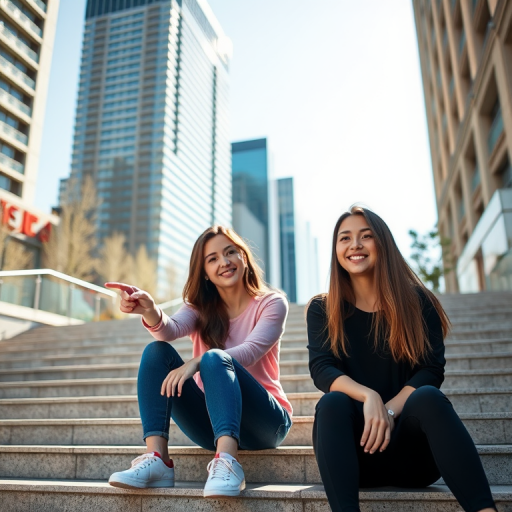 portrait of two young women sitting on stairs outdoors, one pointing and smiling, modern city buildings in the background, midday sunlight, shallow depth of field, 50mm lens, f/1.8, ISO 200, natural light, digital camera
