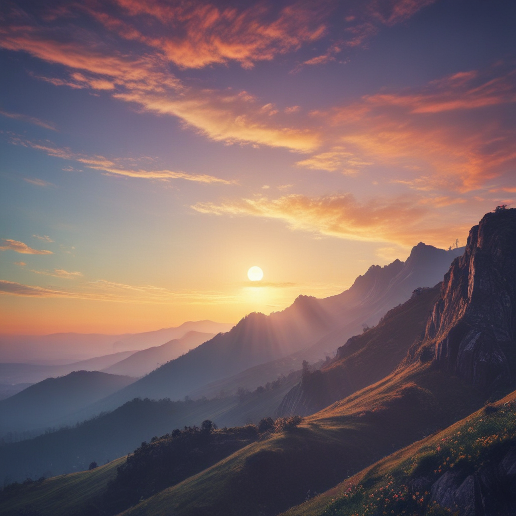 Serene Sunset Over Majestic Mountains with Vibrant Colors and Soft Clouds
