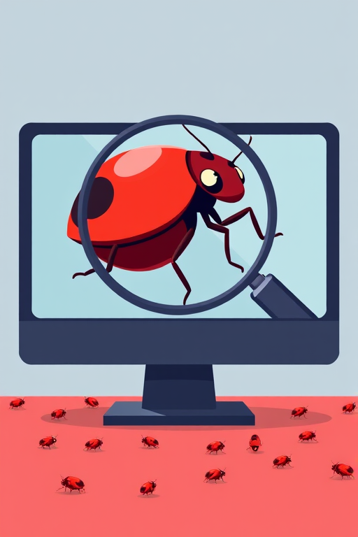 Create a digital illustration of a computer screen displaying a stylized red bug under a magnifying glass, with smaller red bugs scattered in the background, using a 50mm lens, f/2.8 aperture, soft lighting, and a clean, modern vector art style.