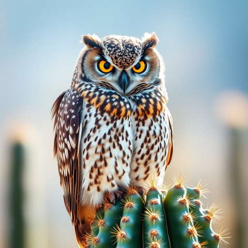 Generate an image of a majestic owl perched on a cactus. The owl should have striking yellow eyes and intricate feather patterns, showcasing a mix of browns and whites. The background should be softly blurred to emphasize the owl, capturing a bright and natural setting.