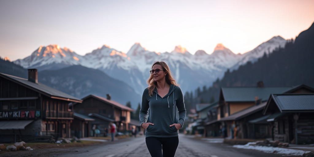 Mountain village at sunrise, the peaks glowing in the early morning light, a woman walks slowly through the quiet streets, her hands in her pockets, enjoying the peaceful start to the day.