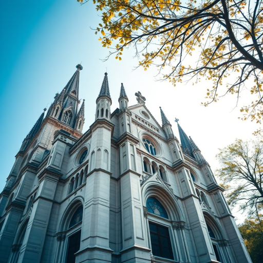 Capture a detailed image of a majestic cathedral from a low angle, using a DSLR camera with a 50mm lens, aperture set to f/8 for deep depth of field, ISO 100 for minimal noise, and a shutter speed of 1/200 seconds, ensuring vibrant colors and sharp details under soft daylight.