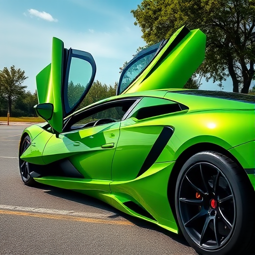 Create a hyper-realistic image of a vibrant green sports car with butterfly doors open, showcasing sleek lines and aerodynamic design, captured with a DSLR camera at f/2.8, ISO 100, 50mm lens, natural lighting, side view with a slightly angled perspective to emphasize motion and style.