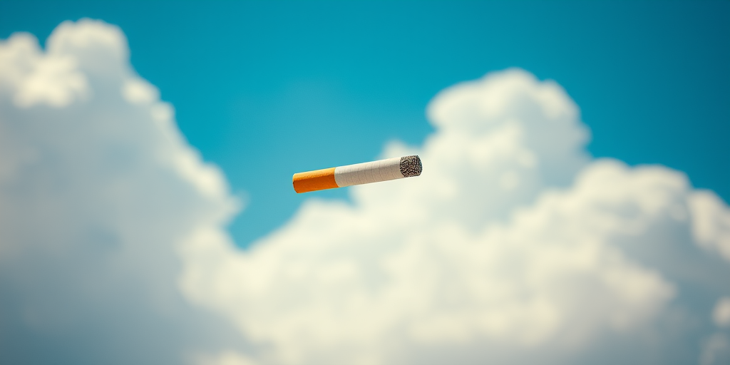 Create a realistic image of a cigarette floating in a bright blue sky filled with fluffy white clouds, captured with a DSLR camera using a 50mm lens, aperture set to f/2.8, shutter speed 1/2000s, ISO 100, and a shallow depth of field for enhanced focus on the cigarette.
