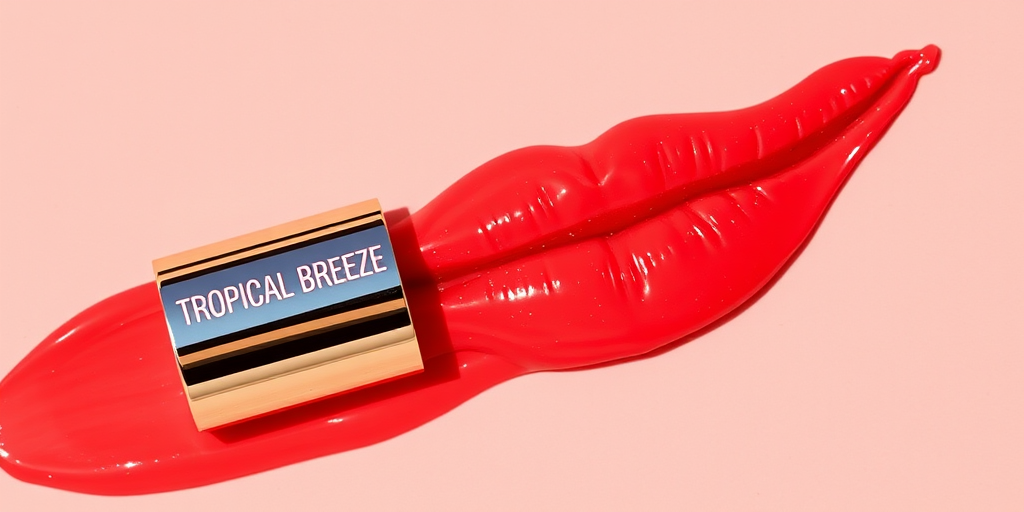 Vibrant coral sunset lip stain "Tropical Breeze" with glossy finish and subtle shimmer, perfect for beachwear and summer evenings, long-lasting and hydrating formula