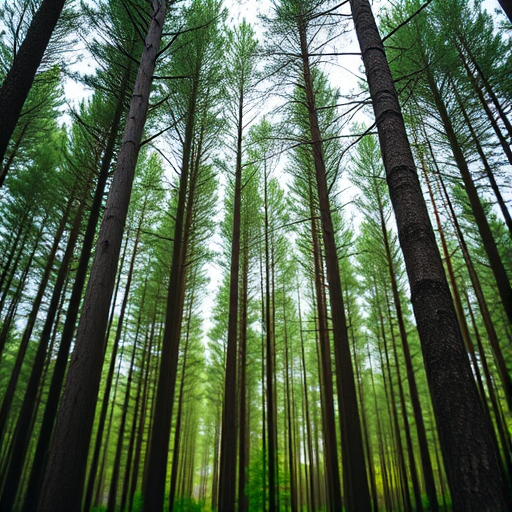 Create an image of tall green pine trees in a vibrant forest setting with a shallow depth of field, captured from a low angle with a DSLR camera, using a 50mm lens at f/2.8, ISO 100, and a shutter speed of 1/200s to enhance clarity and detail.