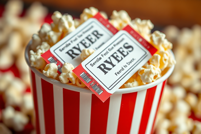 A close-up shot of a striped popcorn bucket filled with fluffy popcorn, featuring two movie tickets placed on top, shot with a Canon EOS R5 at f/2.8, 1/100 sec, ISO 200, using a macro lens, with soft natural lighting for enhanced texture and color vibrancy.