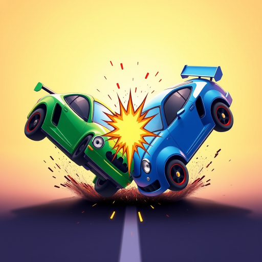 illustration of two cartoon cars, one green and one blue, colliding with a bright yellow explosion effect in the center, high saturation colors, 4K resolution, 35mm lens, soft focus background, digital art style