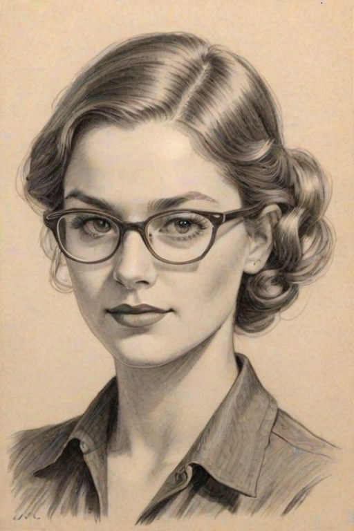 Attractive Monique Gabriela Curnen, pencil sketch, portrait of Charming woman 1934s in glasses, hair style beatnik, outline, clear lines, fine lines, 8k