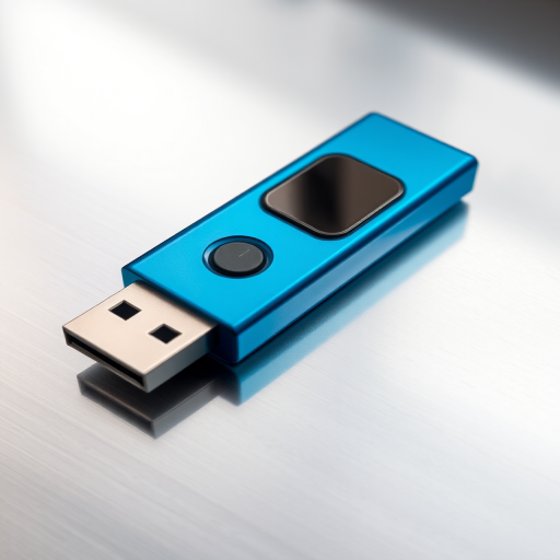 Create a high-resolution image of a blue USB flash drive with a shiny metallic surface, taken from a slightly elevated angle, using a DSLR camera with a 50mm lens, aperture f/2.8, ISO 100, and soft natural lighting.