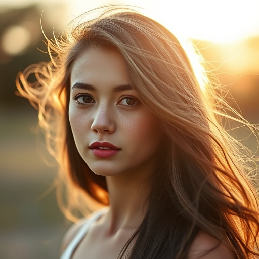 Portrait of a young woman with flowing hair in soft natural light, shallow depth of field, 50mm lens, f/1.8 aperture, ISO 100, 1/200 seconds, golden hour lighting, bokeh background, captured with DSLR.