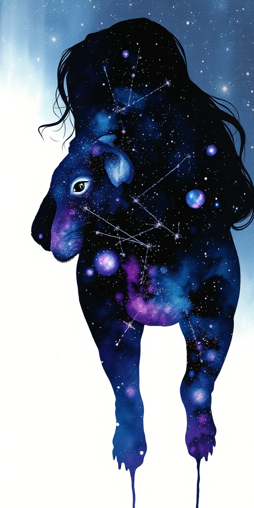 Captivating conceptual render alcohol ink art, double exposure, the paint strokes artfully merge combining a woman's full silhouette with a Cute koala's silhouette. The figures are composed of a series of colored dots, lines & spots that evoke the image of a cosmic galaxy, colors are deep shades of blue purple & black with flashes of white & silver representing distant stars. The woman's silhouette is formed within the lion's silhouette from constellations of scattered stars, surreal