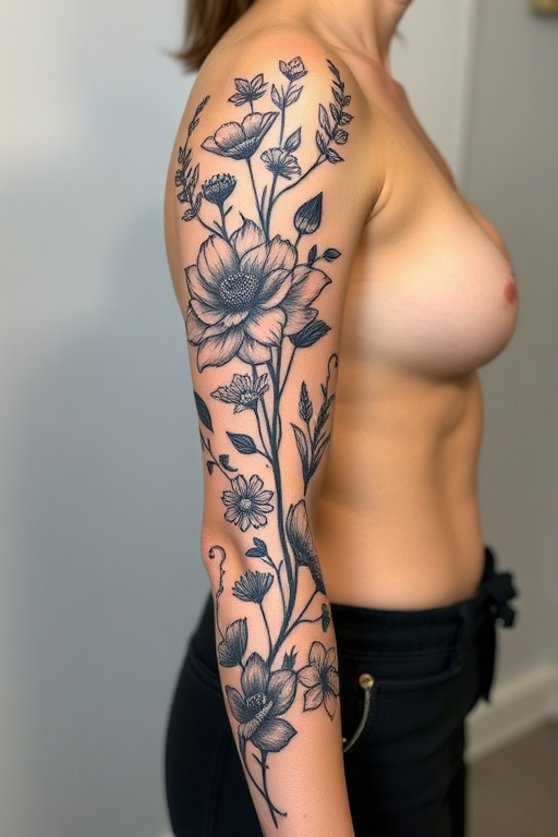 Botanical blackwork tattoo sleeve, showcasing intricate floral and plant designs with varying line weights and negative space to create depth and visual interest