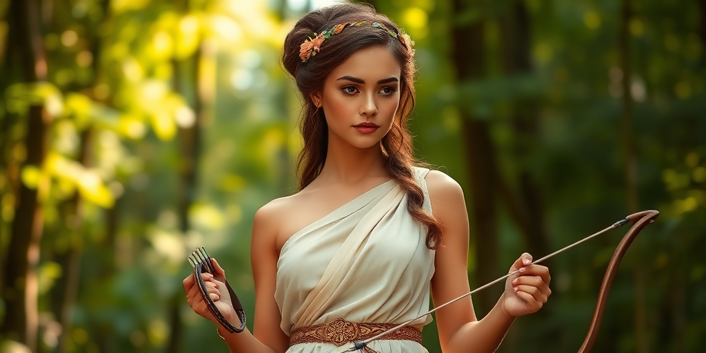 Create a portrait of a goddess-like Inca girl figure in a tranquil, forested environment. She has an elegant appearance with long, wavy hair styled in an updo and adorned with a delicate, floral headband. She wears a flowing, ancient Greek-inspired gown in a soft, pale color, featuring a one-shoulder design and draped fabric that accentuates her graceful form. The outfit includes a decorative belt with ornate gold detailing, and she holds a bow in her hand, with a quiver of arrows slung over her shoulder. The background depicts lush greenery, with sunlight filtering through the trees, casting a gentle, ethereal light on the scene. Her expression is calm and contemplative, embodying a sense of wisdom and serenity.