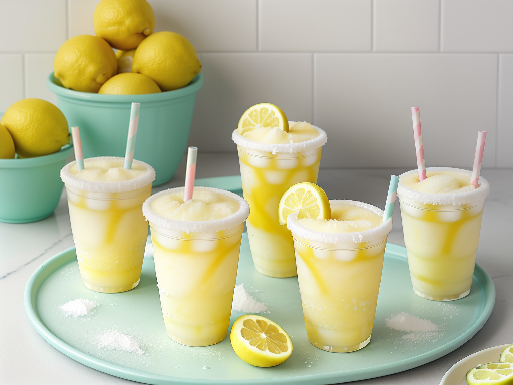 Refreshing Summer Lemonade Slushies Served in Colorful Cups with Garnishes.