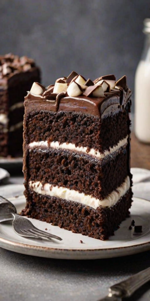Create an image of a slice of rich chocolate cake with multiple layers of chocolate frosting and white cream filling. The cake should be presented on a rustic metal plate, with a fork resting beside it. Include a soft background with a hint of dessert ingredients like marshmallows or chocolate chips. The lighting should be warm and inviting, highlighting the textures of the cake.