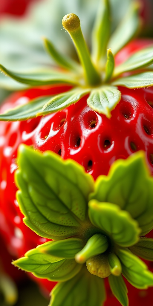 Create a vibrant, high-resolution illustration of a strawberry with a bright red body adorned with white polka dots and lush green leaves, captured in a macro close-up view using a DSLR camera, ISO 100, aperture f/2.8, and a focal length of 100mm for enhanced detail and clarity.