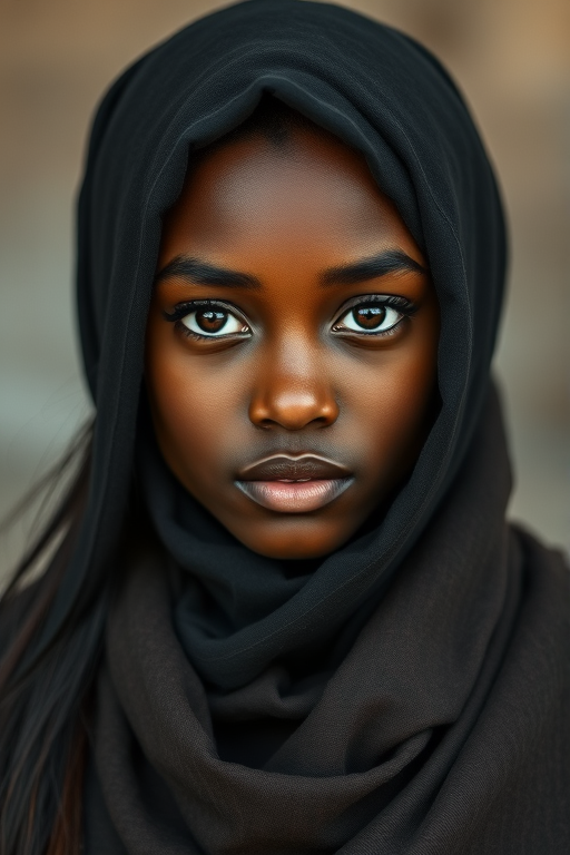 Create a portrait of a young African American female with long, dark hair and captivating hazel eyes. She is wearing a black headscarf and a matching scarf draped gracefully around her neck. The background is softly blurred, focusing attention on her serene and natural expression. The overall color palette is muted and warm, enhancing the intimate and authentic feel of the portrait.