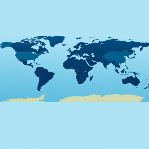 generate a high-resolution vector image of a world map with a gradient from dark blue to light blue on a soft blue background, using a Canon EOS 5D Mark IV with an 85mm lens, aperture set to f/8, ISO 100, and a panoramic view for a clean and professional look