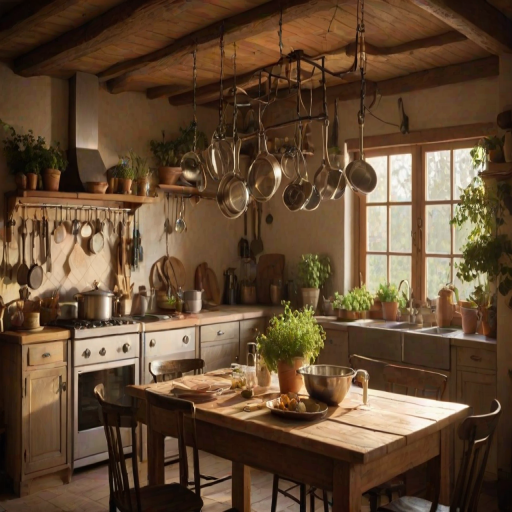 Warmly lit photo of a rustic kitchen with hanging herbs, soft light illuminating pots and pans, and a wooden table set for a family meal.