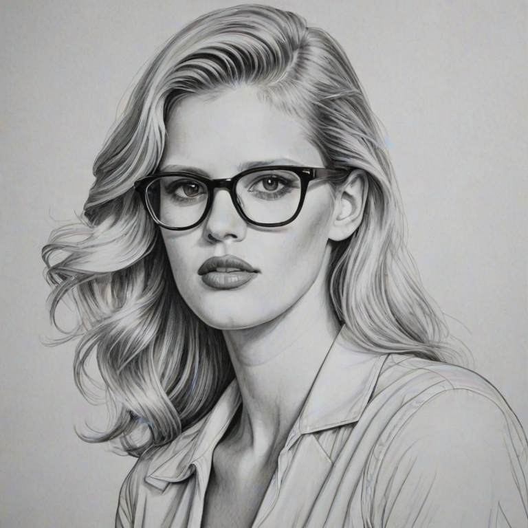 Captivating Lara Stone, pencil sketch, portrait of Exquisite woman 1944s in glasses, hair style beatnik, outline, clear lines, fine lines, 8k