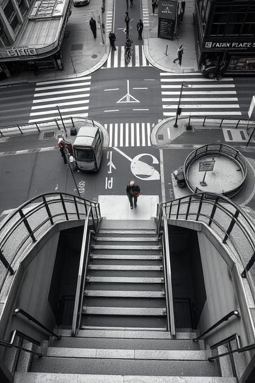 Aerial view of a staircase leading down to a city intersection, captured with a DSLR camera at f/8 aperture, ISO 400, 24mm lens, shot from a high angle in monochrome style to enhance contrast and detail.