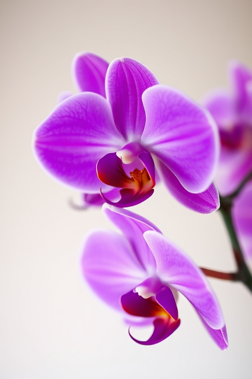 Close-up shot of purple orchids against a soft gradient background, focus on details of the petals, ISO 200, f/2.8 aperture, 50mm lens, natural light, macro photography style.