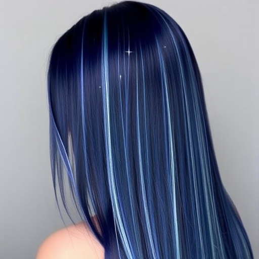Midnight blue waist-length straight hair with silver streaks resembling shooting stars, named "Celestial Dream" look, showcasing a sleek and glossy finish