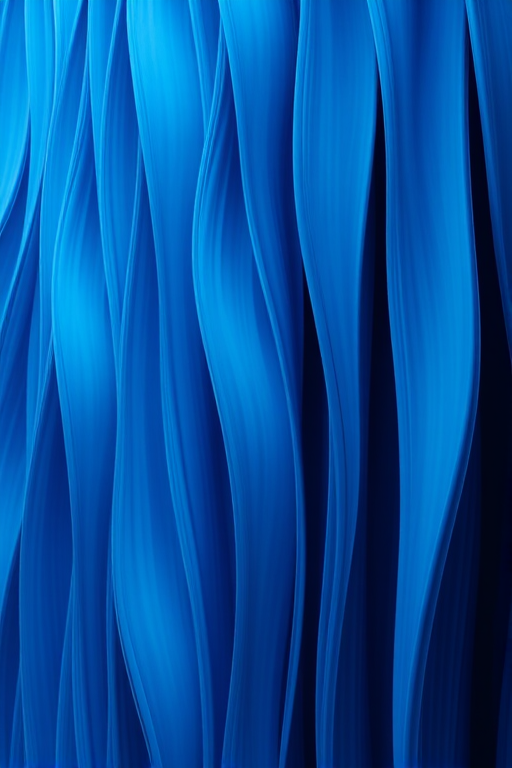 Generate an abstract image of a tall, wavy vertical structure in shades of blue, resembling flowing water or fabric, captured with a Canon EOS R5 using a 50mm f/1.2 lens at ISO 100, f/1.2 aperture, 1/200 sec shutter speed, with a soft focus and high dynamic range to enhance texture and depth.