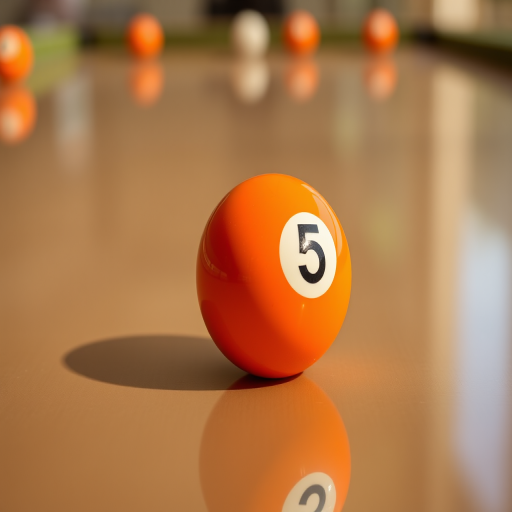 Create a high-resolution image of an orange billiard ball with the number 5 on a smooth, reflective surface, using a 50mm lens, f/1.8 aperture, ISO 100, 1/200 sec exposure, captured from a low angle to emphasize depth, with natural lighting for enhanced vibrancy.