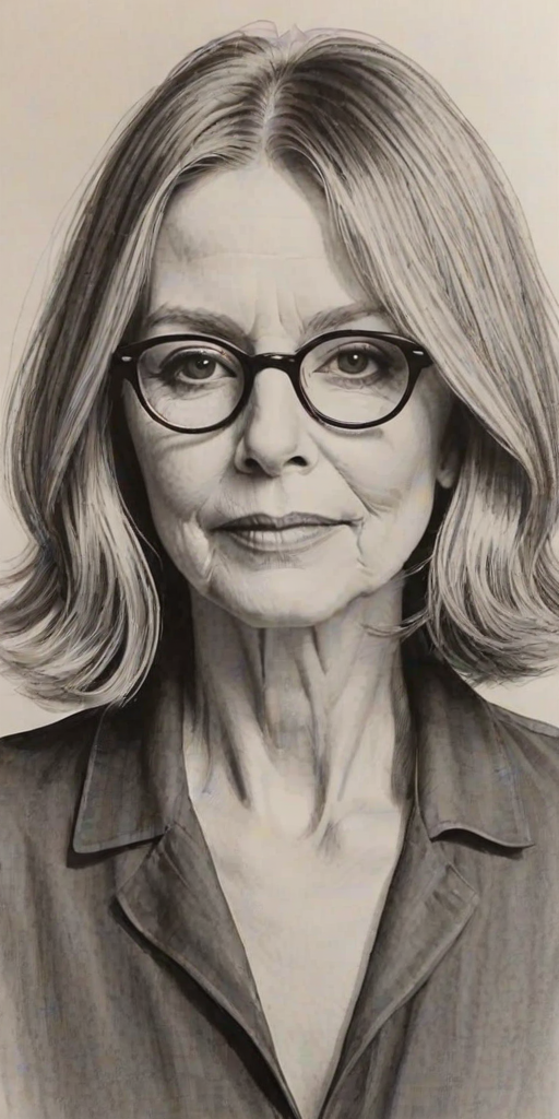 Alluring Diane Keaton, pencil sketch, portrait of Appealing woman 1928s in glasses, hair style beatnik, outline, clear lines, fine lines, 8k