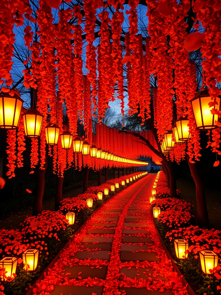 A serene pathway illuminated by glowing lanterns surrounded by vibrant orange flower petals cascading from above creating a magical and enchanting atmosphere during twilight.