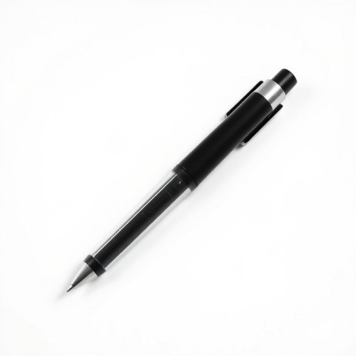 Create a high-resolution image of a black pen on a white background, 50mm lens, f/2.8 aperture, ISO 100, 1/200s shutter speed, taken from a slight above angle with a soft shadow effect for depth.