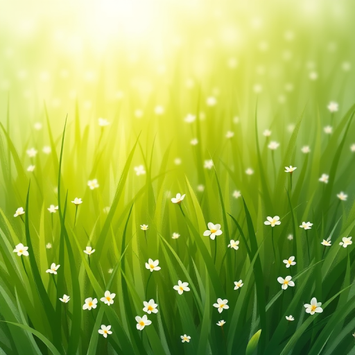 create a serene and lush grassy field with delicate white flowers scattered throughout, using soft brush strokes and a gentle color palette of greens and whites