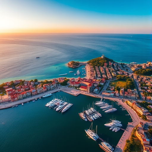 Aerial view of a coastal town featuring a marina with yachts and boats, captured during golden hour at a height of 500 feet, using a drone camera with a 24mm lens, f/5.6 aperture, ISO 100 for enhanced clarity and vibrant colors.