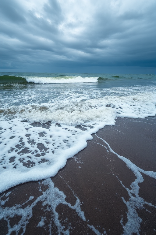 Regenerate a serene seascape with turbulent waves crashing onto the shore under a cloudy sky, using a DSLR camera with a 50mm lens, f/8 aperture, 1/250s shutter speed, ISO 200, and a standard photo style for enhanced clarity and detail.
