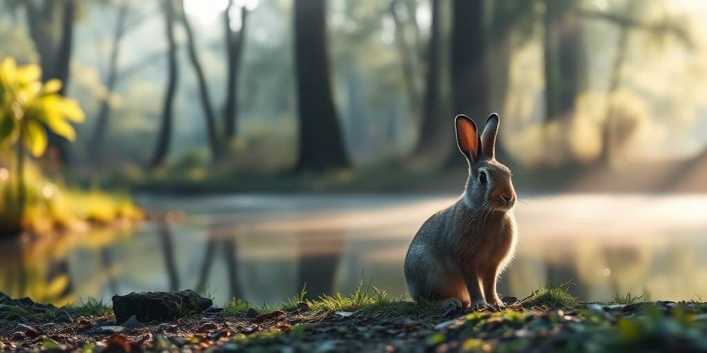 A serene forest scene featuring a rabbit seated by a tranquil pond, soft sunlight filtering through misty trees, high-quality DSLR camera, f/1.8 aperture, 50mm lens, ISO 200, natural light, shallow depth of field, portrait view.