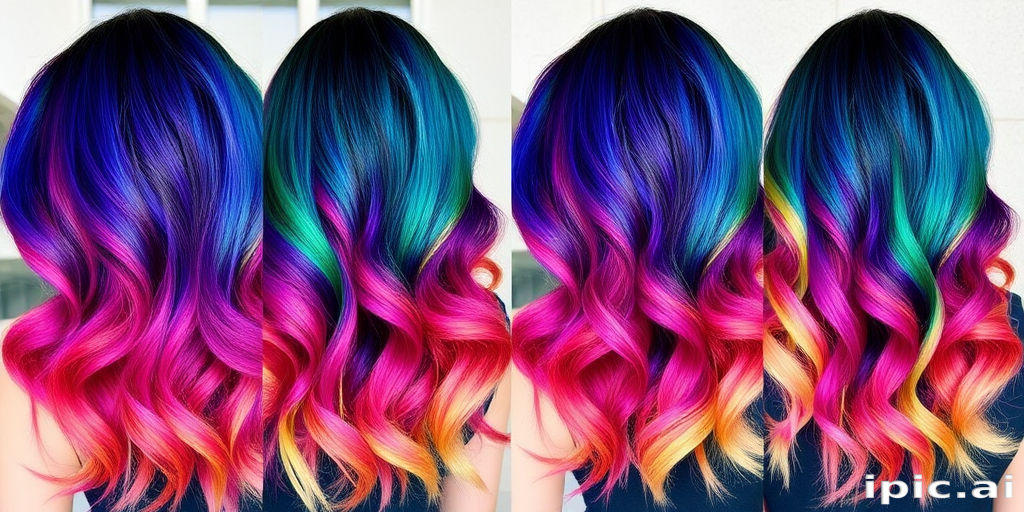 Multi-toned rainbow hair in long, flowing waves showcases the "Prism Cascade" style, featuring a seamless blend of vibrant hues that transition from deep indigo at the roots through shades of emerald, sapphire, amethyst, ruby, and golden topaz, culminating in pale pink tips that create a mesmerizing spectrum of color