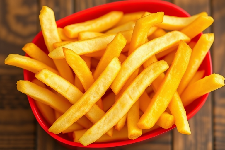 Create a high-resolution vector image of a red container filled with golden crispy French fries, using a digital camera with a 50mm lens, f/1.8 aperture, ISO 100, 1/200s shutter speed, top-down view, and soft diffused lighting to enhance color vibrancy and detail.