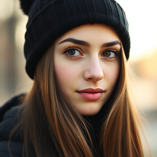 portrait of a young woman with long hair wearing a black beanie, soft focus background, warm tones, natural light, 85mm lens, f/1.8, ISO 100, shutter speed 1/200s, DSLR camera, shallow depth of field