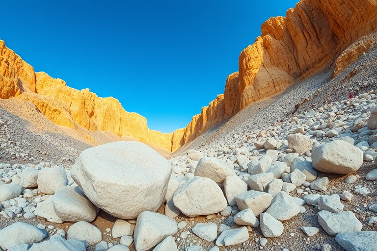 capture a detailed landscape of a rocky quarry with large white boulders in the foreground and steep golden cliffs in the background, bright blue sky, F11 aperture, ISO 100, 1/200 sec shutter speed, wide-angle lens, taken with a DSLR camera